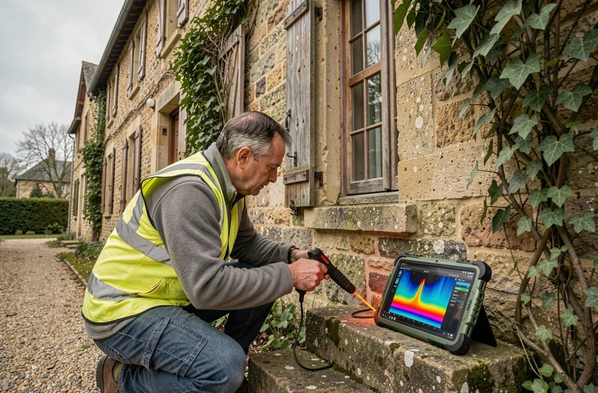 Technicien réalisant un audit énergétique sur la façade en pierre d'une ancienne maison française avec sonde thermique et tablette de terrain