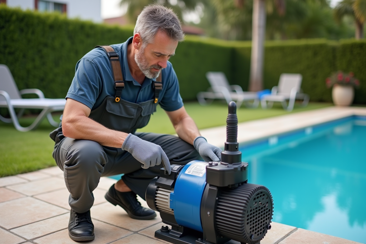 Technicien piscine en overalls examine pompe de piscine extérieure