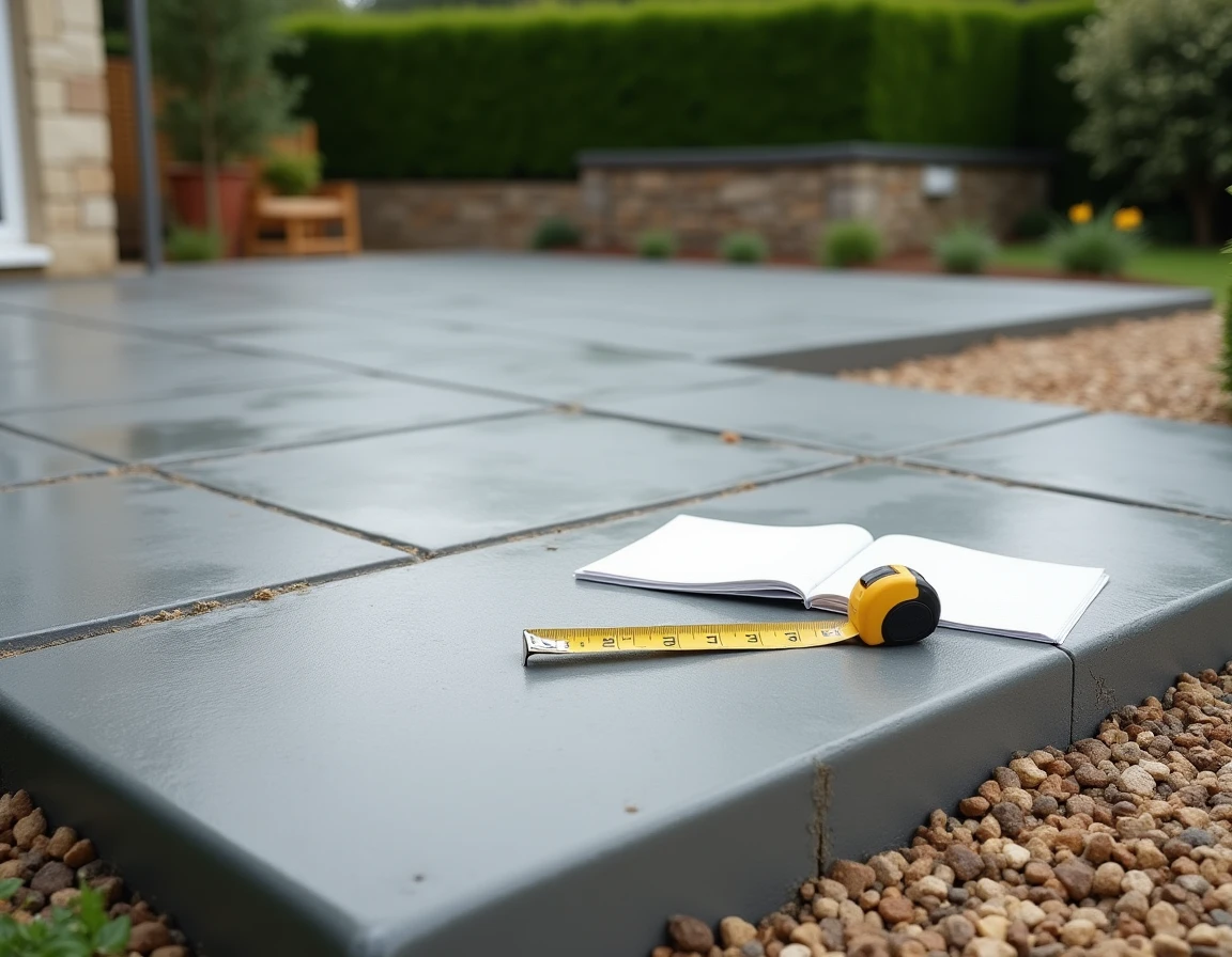 Terrasse en béton finalisée avec devis posé dessus illustrant le coût réel des travaux