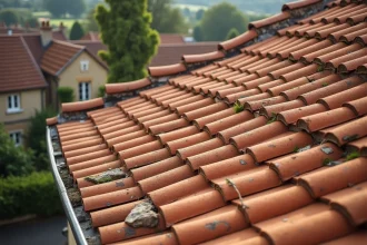 Vue aérienne d'une toiture en tuiles terre cuite sur maison traditionnelle française illustrant le calcul du prix au m2