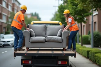 Deux agents municipaux chargent un vieux sofa dans la rue