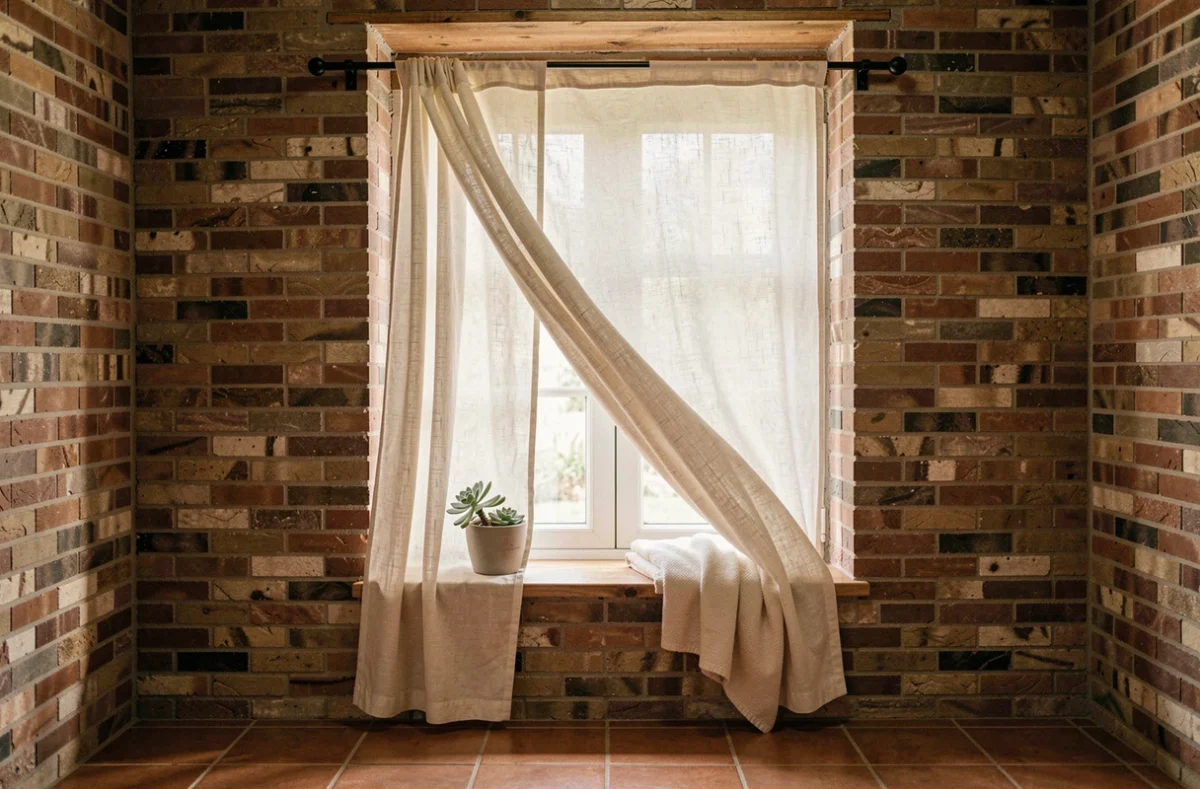 Rideau sur tringle à tension installée sans percer dans une fenêtre en alcôve de chambre rustique