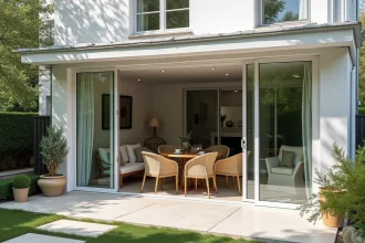 Véranda de 40m2 en aluminium et verre adossée à une maison pavillonnaire avec salon de jardin intérieur