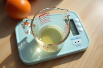 Verre mesure de 250 ml avec balance de cuisine en lumière naturelle