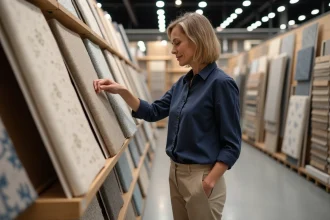 Femme consultant des échantillons de papier peint dans le magasin 4 Murs de Chambéry